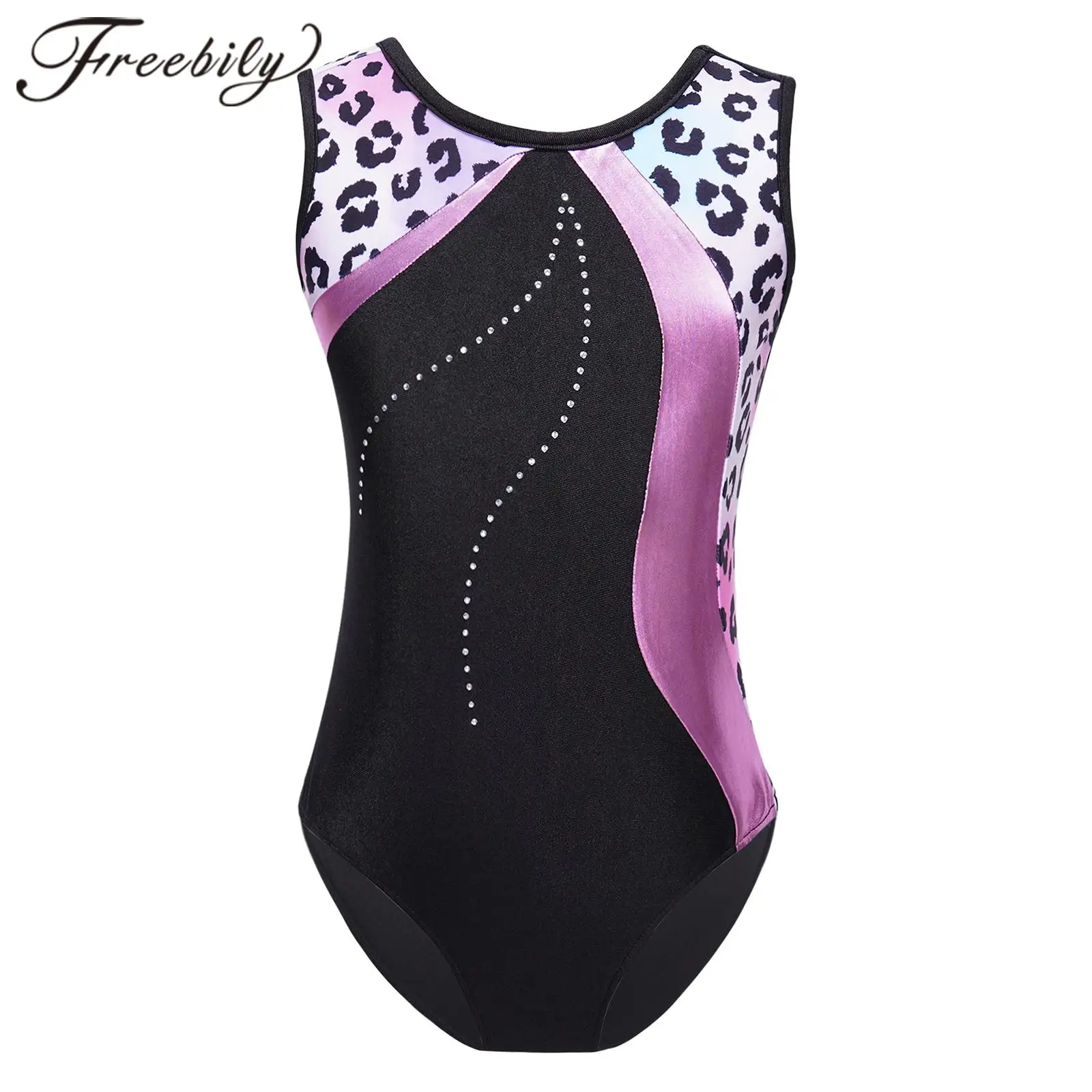 

Kids Gymnastics Bodysuit for Girls Print Leotard Patchwork Sleeveless Gymnastics Jumpsuit Children Ballet Dance Skating Leotard