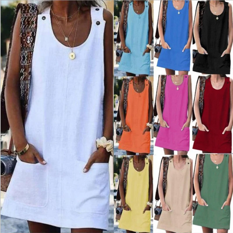 

2022 Summer New Casual Women's Pocket Button Cotton Linen Strap Dress Round Neck Sleeveless Fashion Loose Beach Culottes