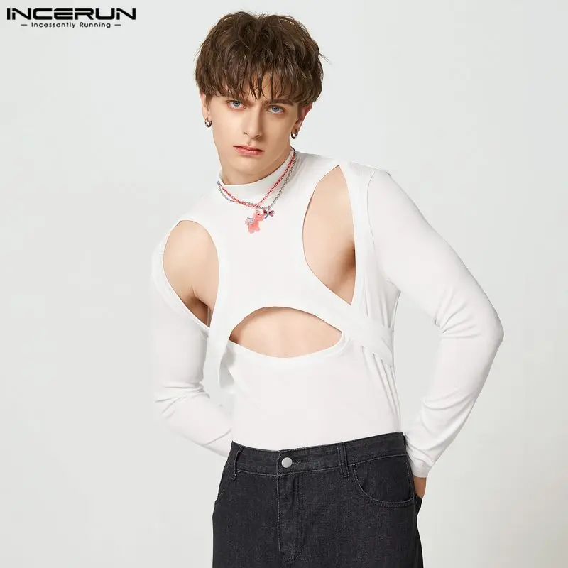 

Стильная мужская футболка с длинным рукавом и полуворотником, топы с перекрестными вырезами, 2022, мужские универсальные простые Стрейчевые ...