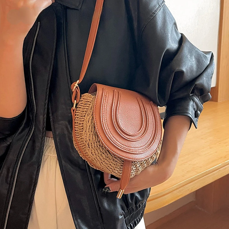 

Small Straw Saddle Crossbody Bags for Women 2023 Winter Ladies Shopping Travel Purses and Handbags Female Portable Shoulder Bag