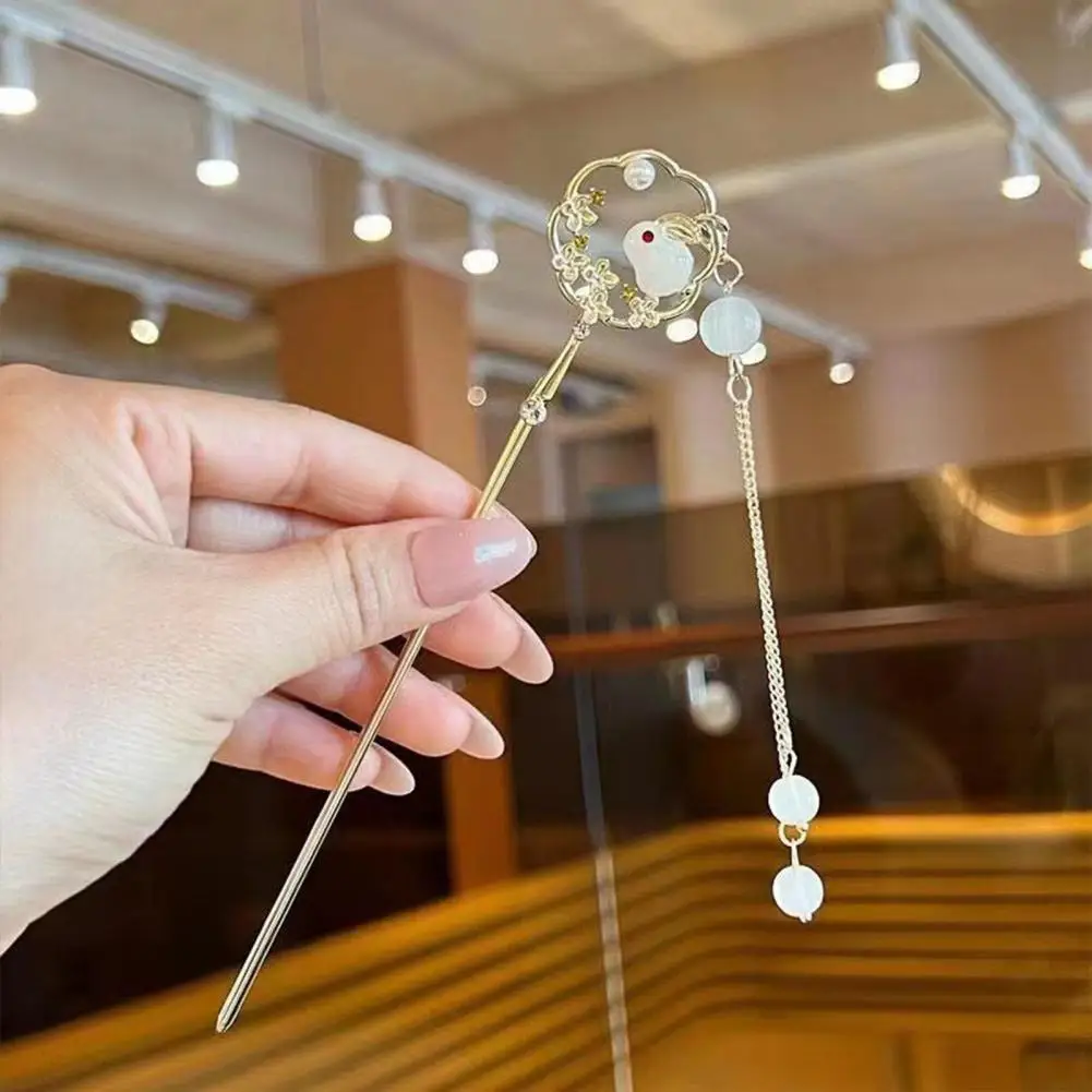 

Casual Hairpin Chinese Style Rabbit Decor Hair Stick Beads Tassel Retro Classic Elegant Lady Back Head Chopstick Accessory