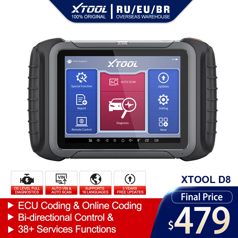 

XTOOL D8 Full System Diagnostic Tools ECU Coding Active Test OBD2 Automotive Scanner 40+ Service Functions CAN FD Free Update