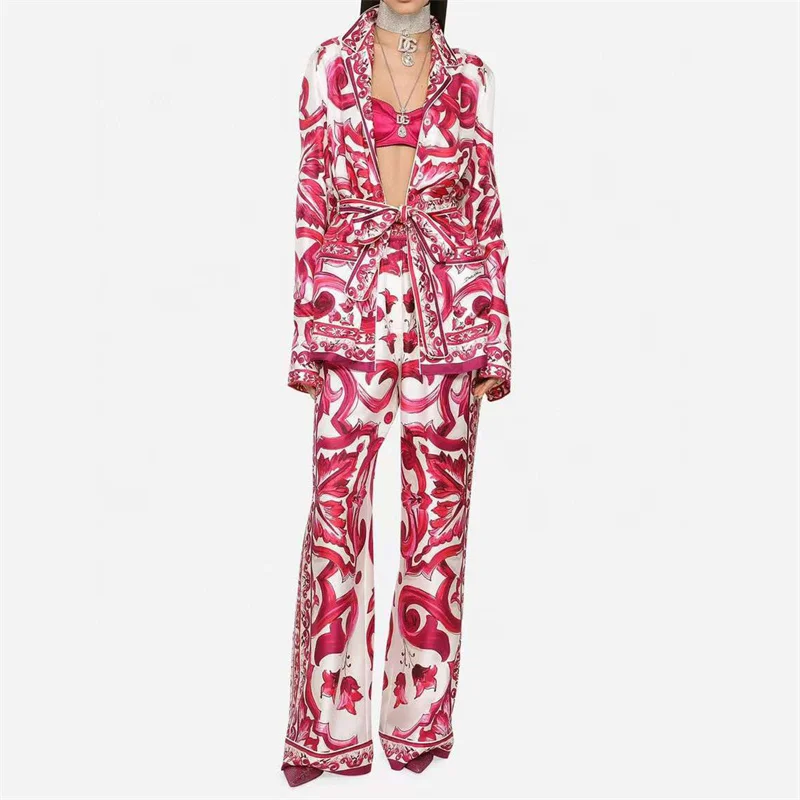 

Women's Suit 2023 Summer New Korean Fashion Printed Two Piece SetLace Up Lapel Long Sleeved Top Elastic Waist Wide Leg Pants y2k