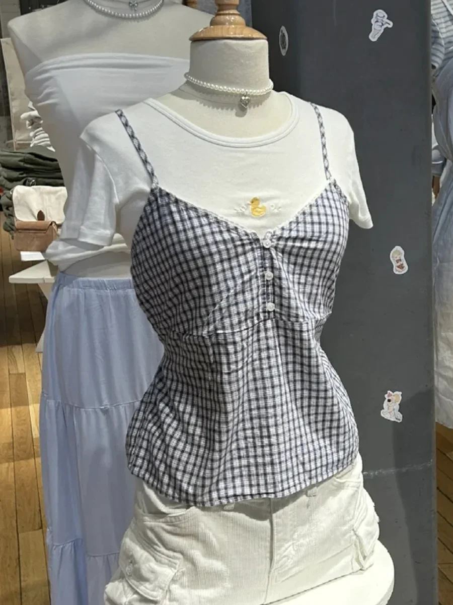 Майка женская клетчатая с V-образным вырезом винтажная Облегающая рубашка на