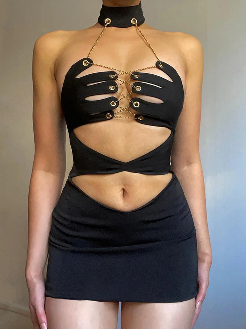 

Женское мини-платье с открытой спиной, черное Бандажное платье с открытой спиной и лямкой на шее для ночного клуба, лето 2022