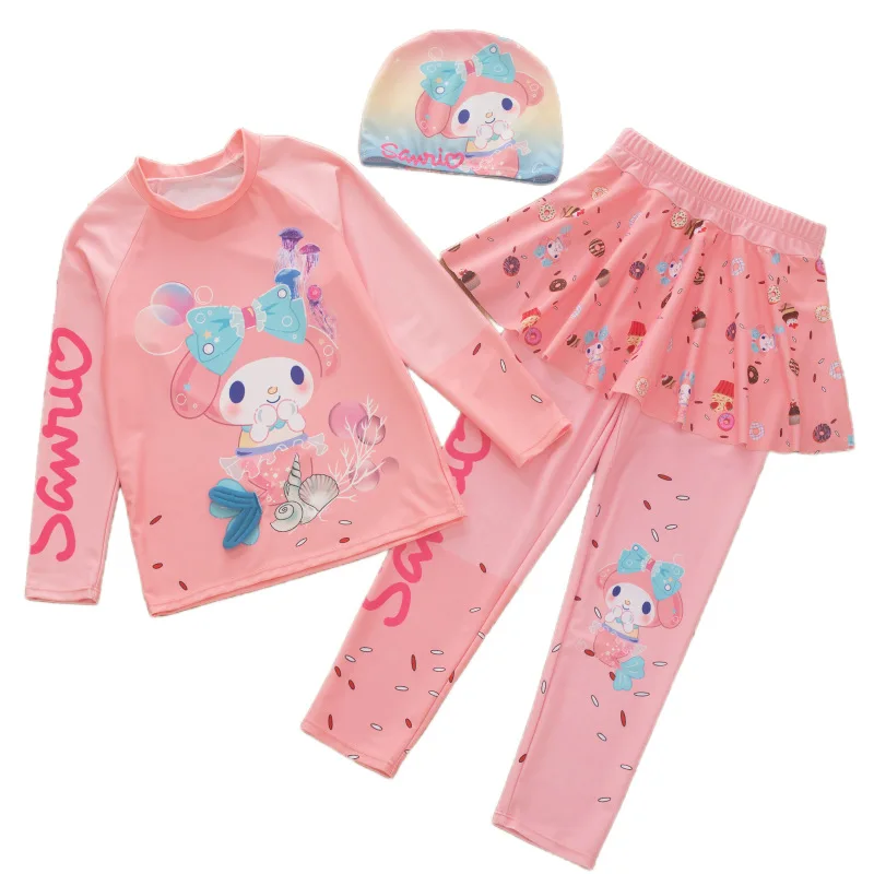 Фото Детский слитный купальник Kawaii Kuromi My Melody из мультфильма аниме Sanrio с милым сердечком для девочки среднего и старшего возраста №5
