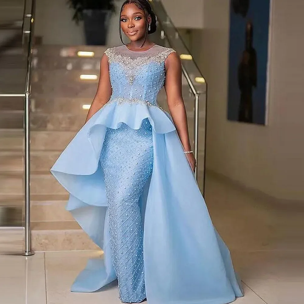 

sky blue Prom Dresses With Peplum Cap Sleeves Beads Mermaid Evening Dress Aso Ebi Nigeria Formal party banquet dress