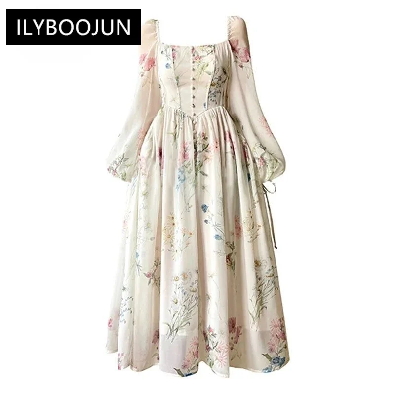 

Женское праздничное платье с рукавами-фонариками, дизайнерское винтажное длинное платье для отпуска с длинным рукавом, принтом и оборками