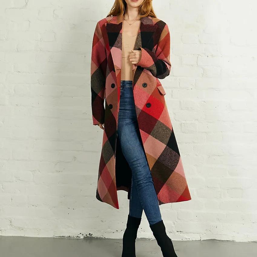 

Women Geometric Print Loose Wool Blended Cardigan Coat Female Elegant Temperament Long Winter Double-Breasted Tweed Abrigo Mujer