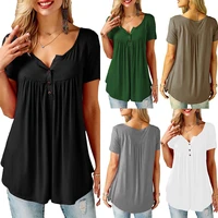 womens casual short sleeve loose t shirts solid color button pleated tunic tops v neck female pullover tops summer clothes