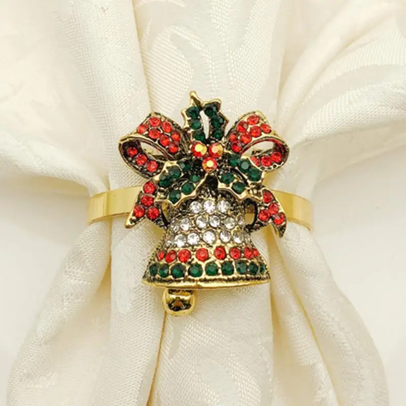 

Hotel Christmas Boots Snowman Sleigh Bells Rhinestone Gold Napkin Ring Cloth Ring For Table Wedding Dinner Party DIY Decoration
