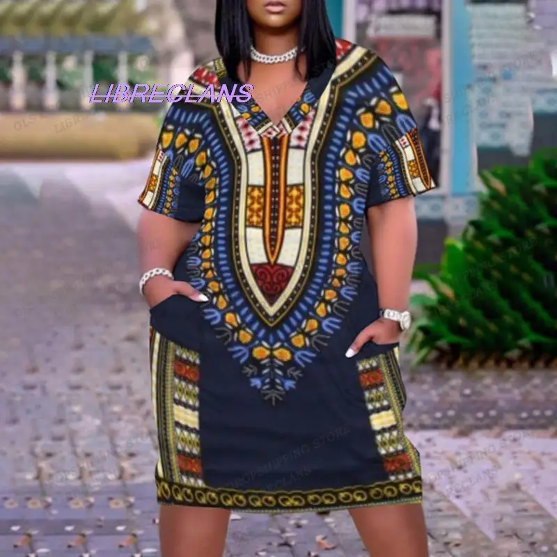 

Fashion African Dress Print Women Boho Dashiki Dresses Midi Sexys Short Sleeve Party Evening Dress Saudi Elegant V-neck Sundress
