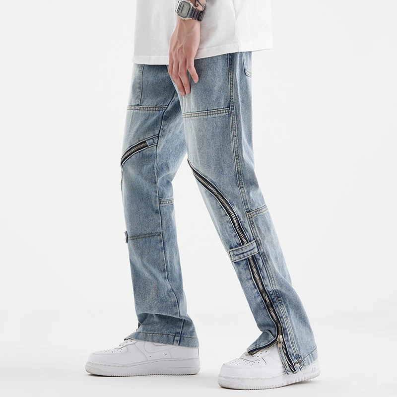 Men's Jeans Legs Arc Zipper Jeans Loose Design Sense Zipper Straight Pants Hip-hop Wide-leg Pants Ins Hot Sale Streetwear Men