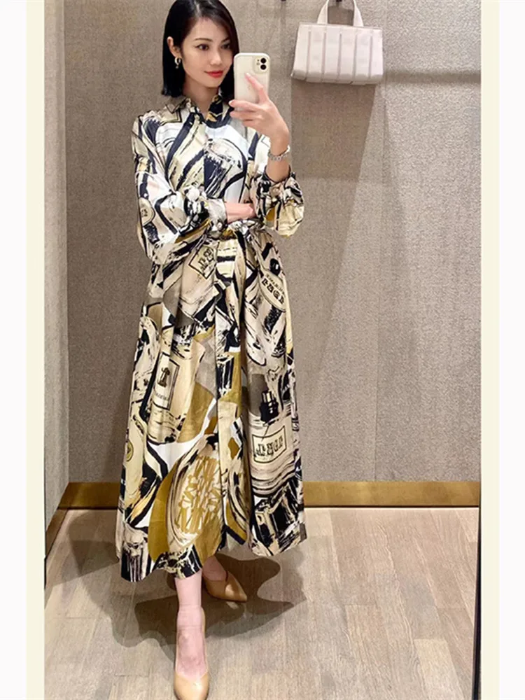

Letter Abstract Pattern Print Dress Women 100% Silk Twill Lace-up Belt Turn-down Collar Covered Buttons Female Midi Robe