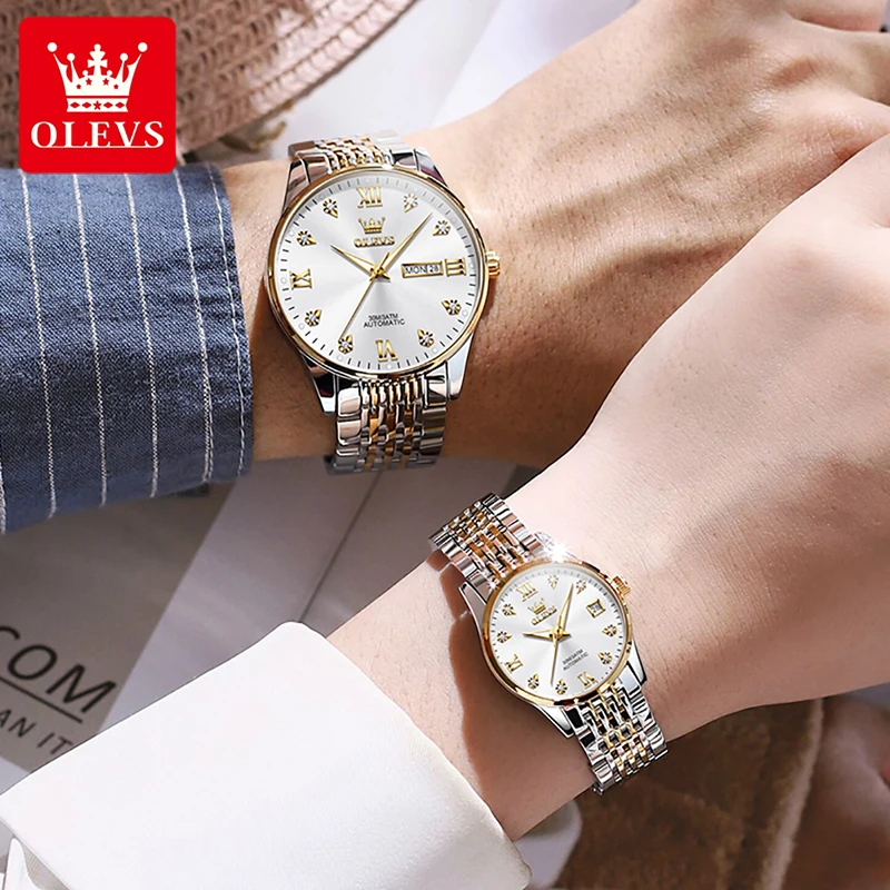 OLEVS Luxury Brand Genuine Watch Couple Watch Automatic Mechanical Gold Plated Case Couple Watch Luminous Waterproof Reloj 6673
