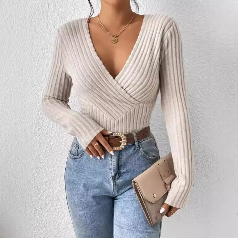 Высококачественные европейские полосатые рубашки с v-образным вырезом и