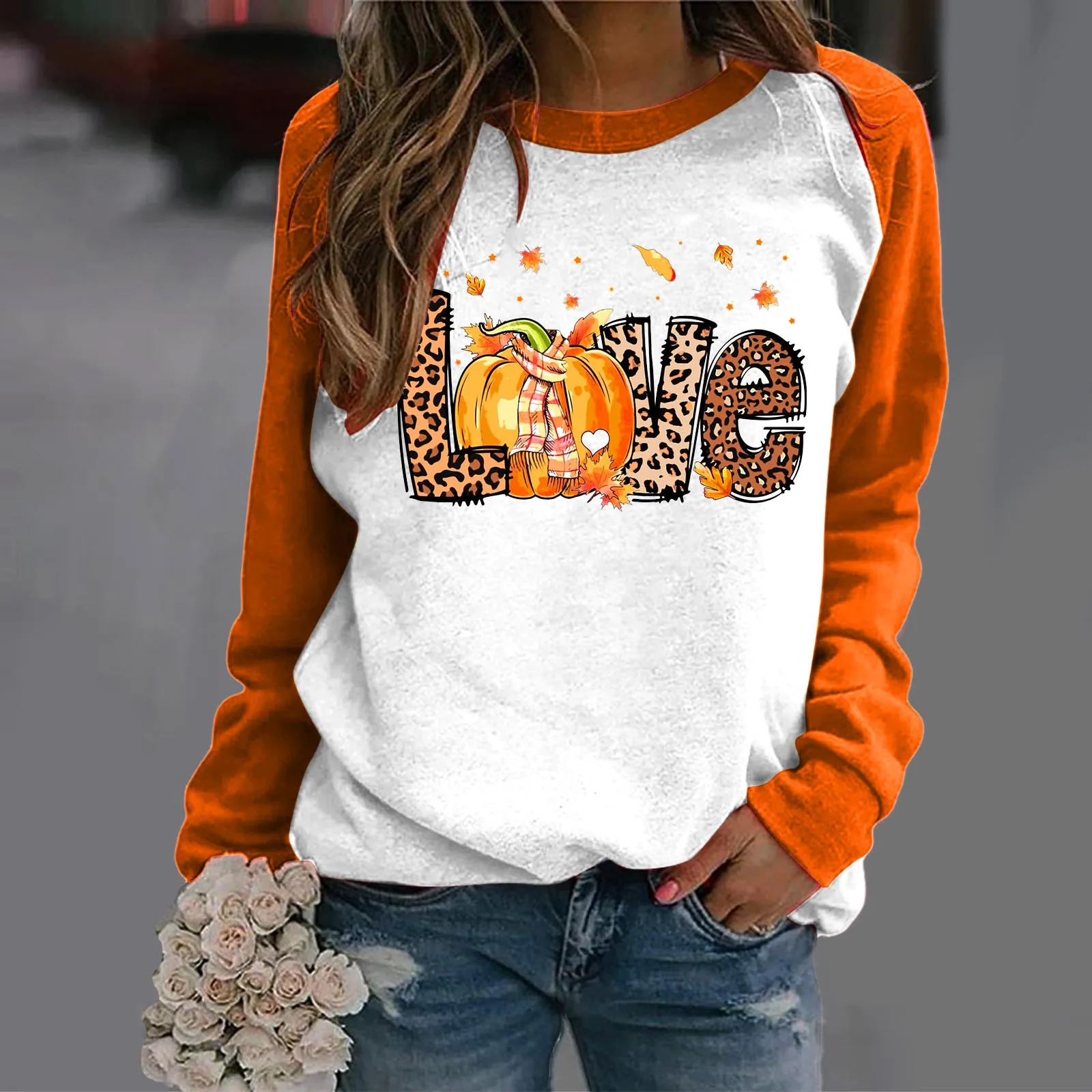

Women Casual Round Neck Halloween Print Raglan Sleeve Long Sleeve Sweatshirt Top Long Tops Women