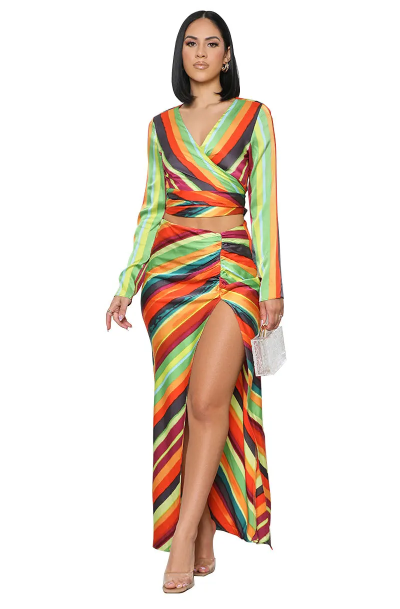 

Colorful Stripes Printing Women Two Pieces Set 2022 New V Neck Full Sleeves Sexy High Split Straight Skirt Party Clothes