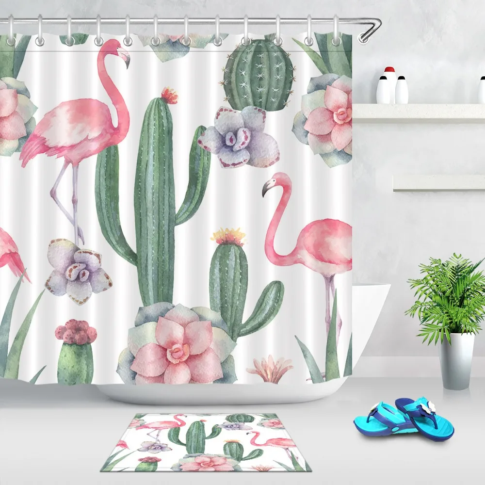 Tropical Plants Bathroom Curtain Fabric Waterproof Polyester Decor