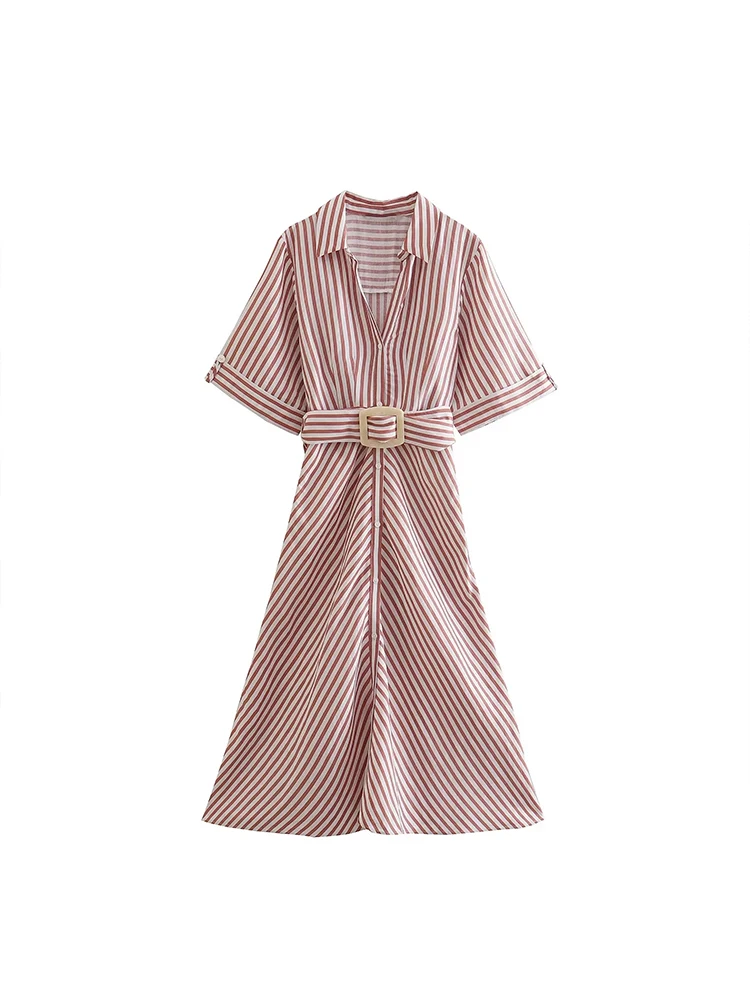 

TRAF Women 2022 summer New Fashion Stripe Linen Dress Vintage with belt Female Casual Dresses Vestidos
