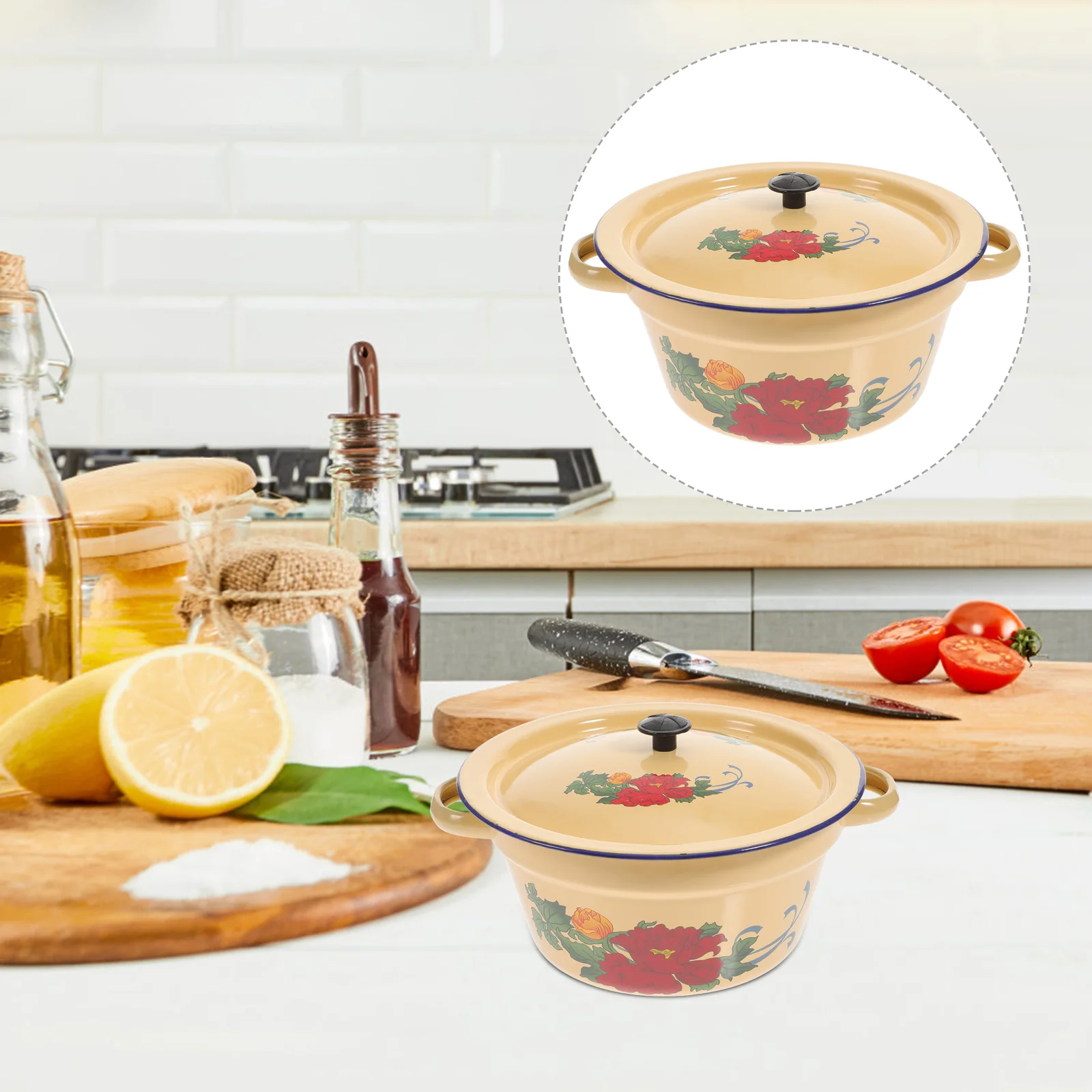 

Stainless Steel Mixing Bowls Small Ceramic Retro Storage Basin Kitchen Pot Enamel Lid Oil Gadget