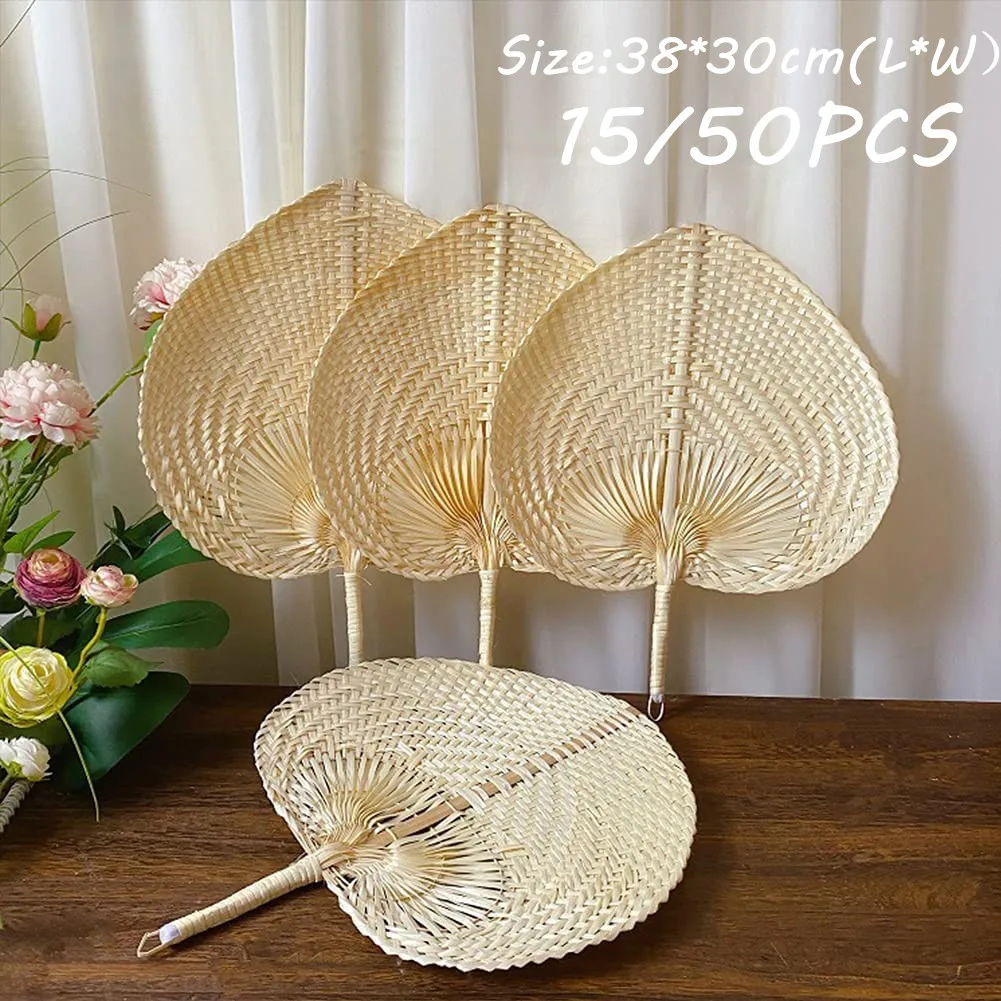 

50/15PCS Wedding Decor Fans Bamboo Raffia Hand Fans for Guest Hand Weaving Fan for Summer Cooling Beach Wall Decor Party Favors