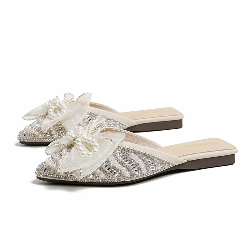 Pearl Water Diamond Women's Slippers Summer Flip Flops Women New Bow Flat Sandals Mules Shoes Large Women's Shoes
