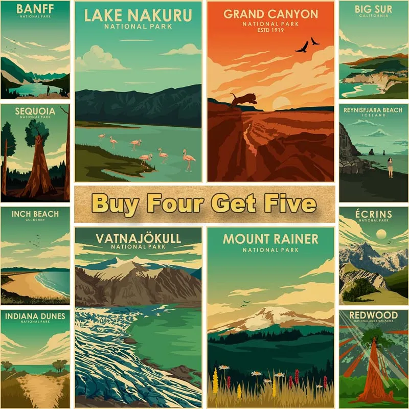 

Famous National Park Banff Lake Nakuru Posters Kraft Paper Landscape Prints Home Decor Living Room Bar Cafe Decorative Painting