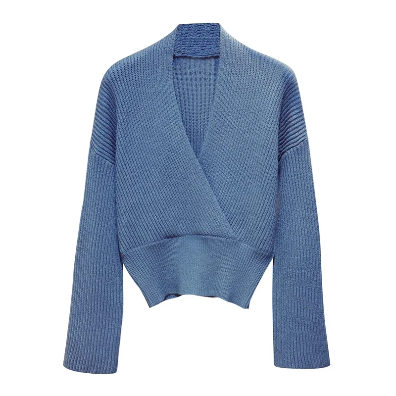 Женский трикотажный свитер желтый короткий в Корейском стиле с V-образным