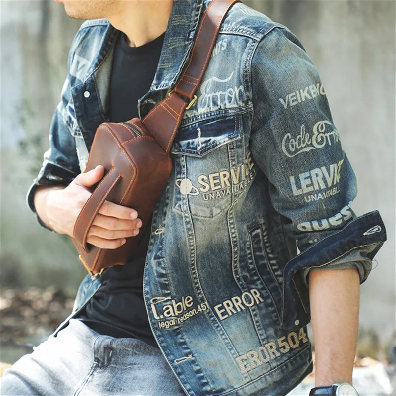 Vintage crazy horse cowhide men's chest bag shoulder bag handmade natural rgenuine leather outdoor waist bag crossbody bag