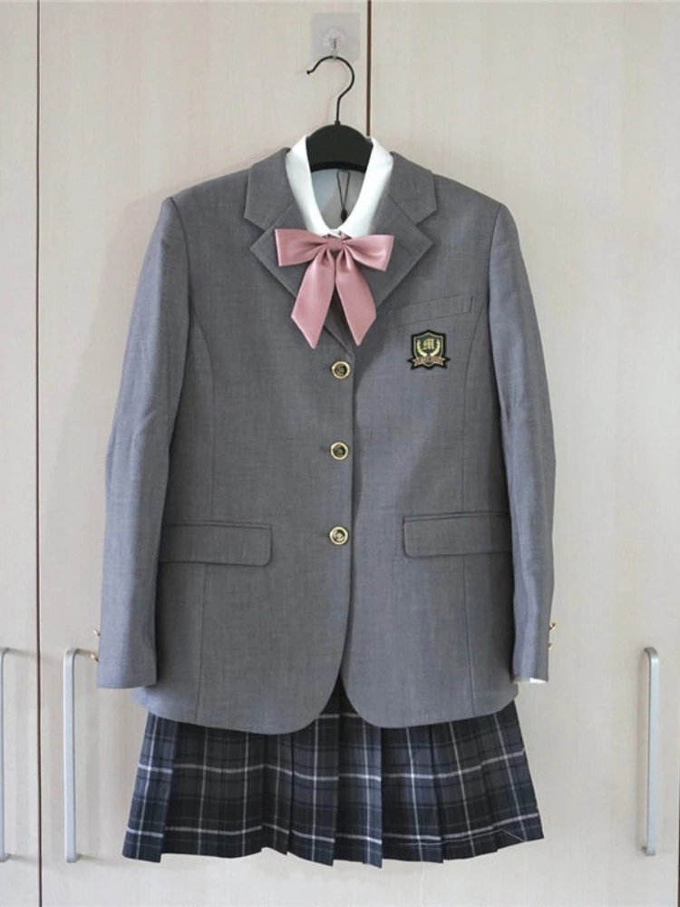 

Japanese Preppy Women Suit JK Uniform Blazer Jacket + Pleated Skirt Kawaii Student Female Suits Gray Elegant Chic Office Lady
