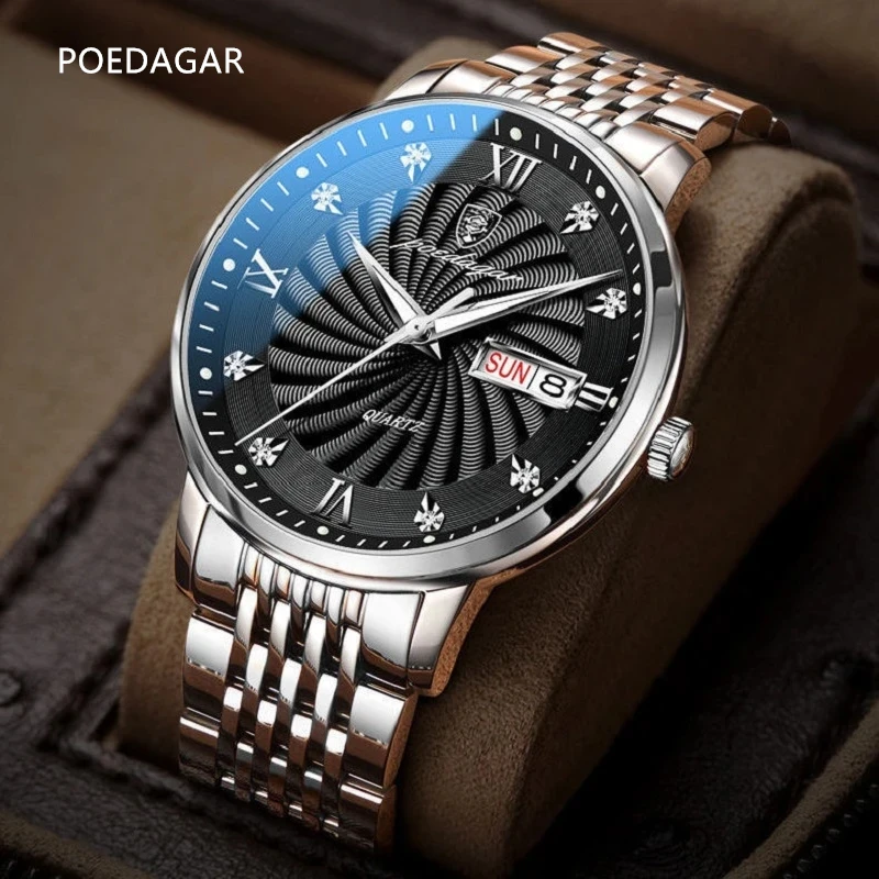 

POEDAGAR New Men's Business Watches Brand Fashion Luxury Stainless Quartz Wristwatches Waterproof Luminous Clock Watch for Men