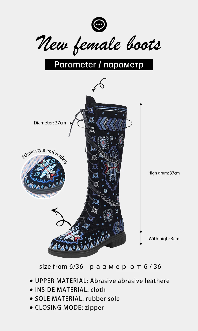 ODS Ethnic Knee High Boots Embroidery Floral Genuine Leather Chunky Long Heel Zipper Botas Mujer Autumn Winter Womens Lady Shoes