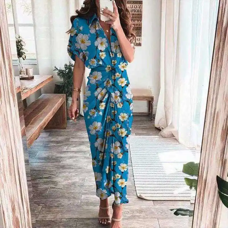 

Womens Summer Temperament Dress Commute Lace Up Short Sleeve Single Breasted Printed