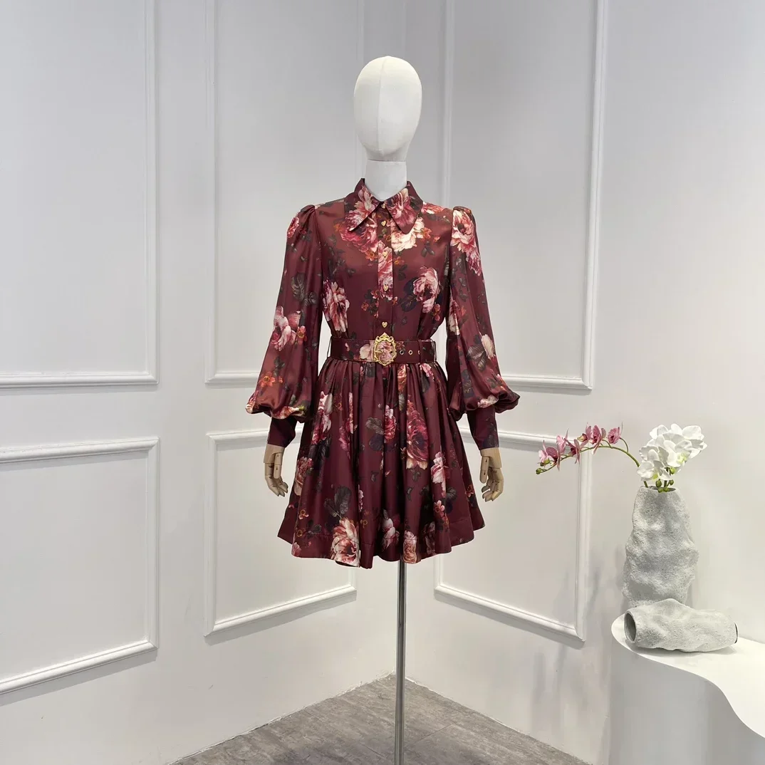 

2023 New Silk Vintage Autumn Top Quality Burgundy Floral Print Long Sleeve Belt Woman Mini Dress