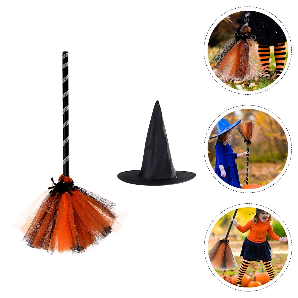 

Hat Broom Cosplay Outfits Halloween Witch Hats Kit Makeup Brooms Plastic Decor Child Stage Performance Girl