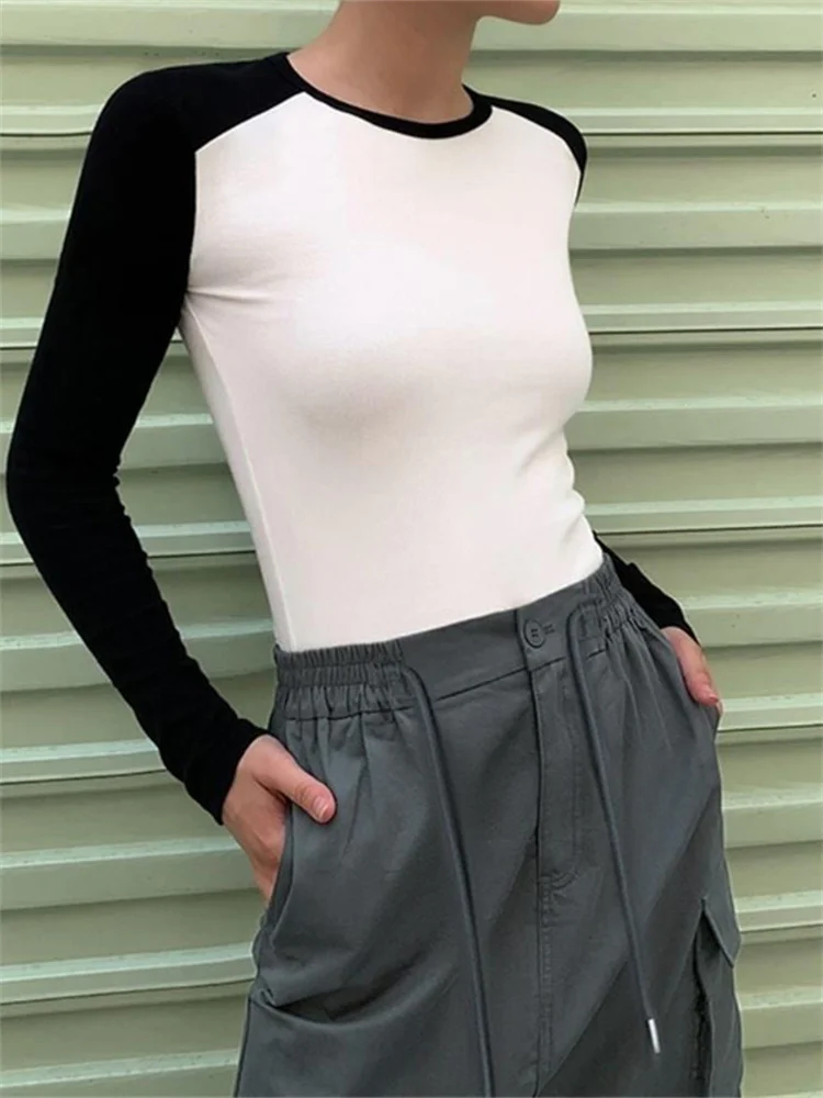 

Футболка CHRONSTYLE женская с круглым вырезом, повседневный Топ с длинным рукавом, уличная одежда, облегающая Базовая рубашка в стиле колор-блок,...