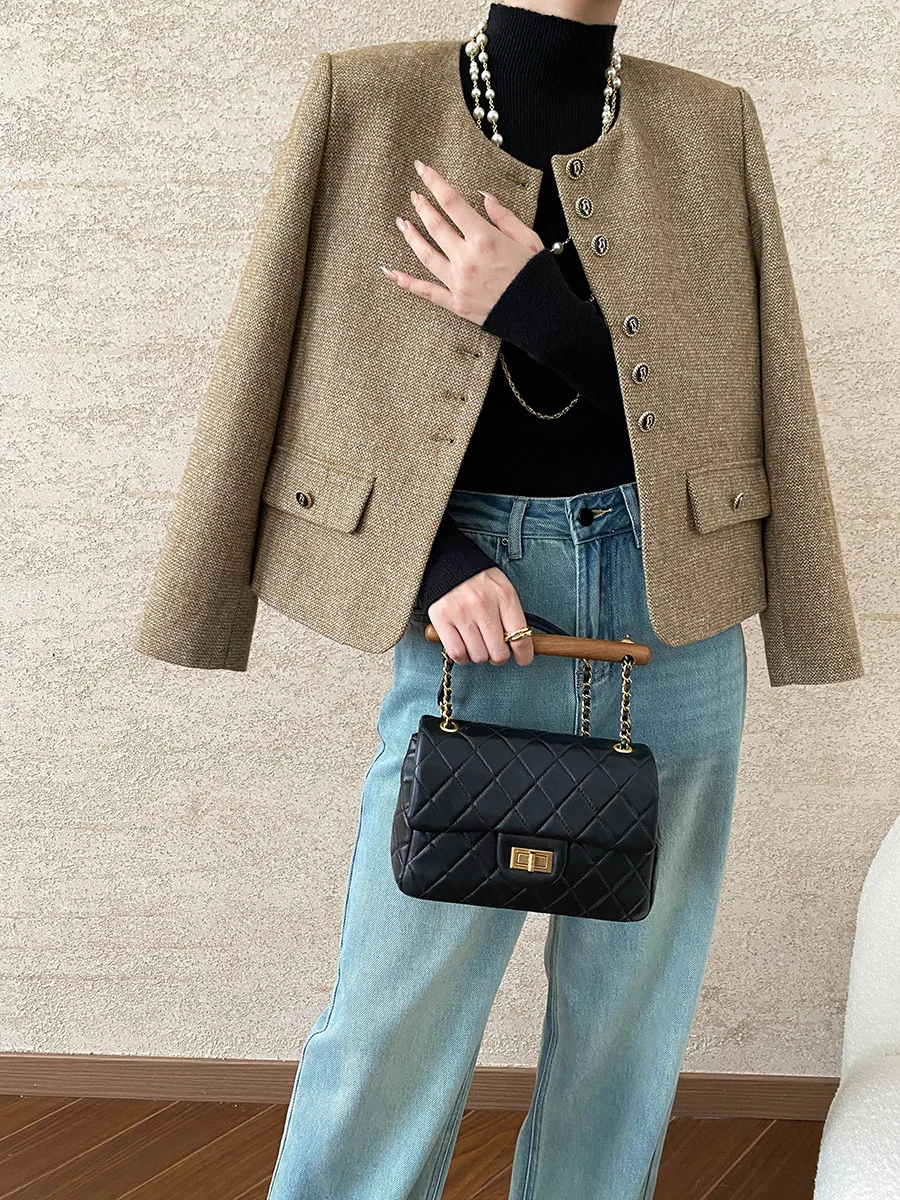 Женская зимне-осенняя ароматная куртка короткие шерстяные твидовые пальто во