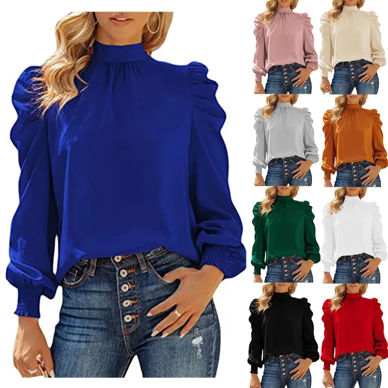 2023 Spring New Long-sleeved High Collar Bubble Long-sleeved Casual Loose Shirt Blouse Female