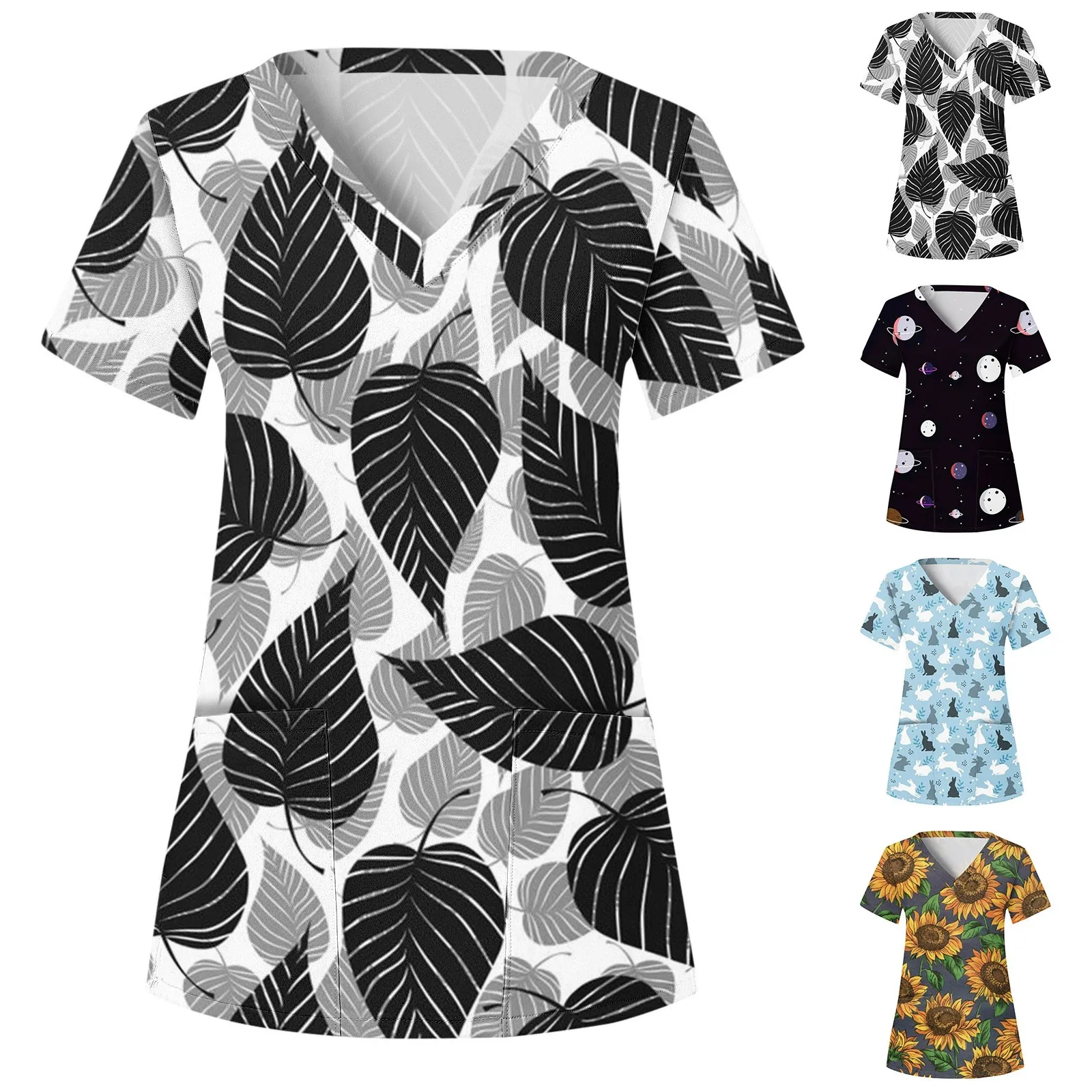 

Nurse Uniform Women Short Sleeve Tops Working Uniform Blouse Leaves Print Workwear Scrub Nursing Working Clothes Uniform Shirts