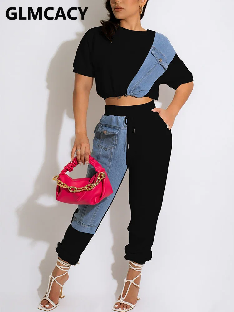 

Женские джинсовые Лоскутные костюмы из двух предметов, короткий топ с коротким рукавом и облегающие брюки