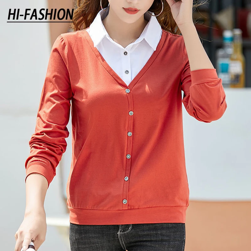 HI-FASHION Spring Slim Casual Blouse Women Loose Korean Style Splicing Lapel Collar Woman Shirt Female Spring Fake Two tShirt