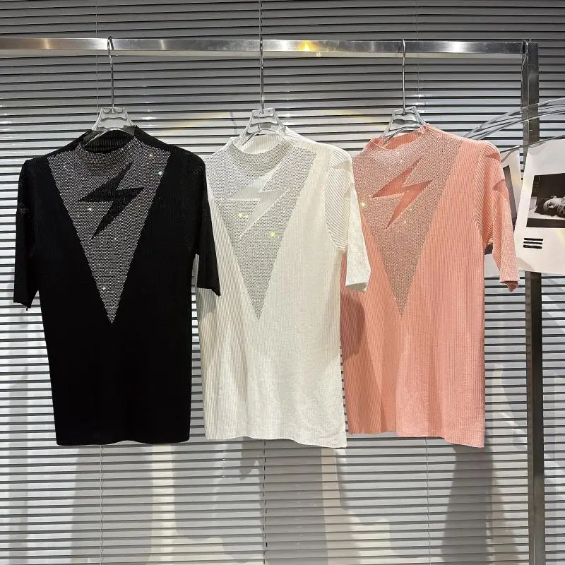 

2023 New Spring Summer Short Sleeve Knitting T-shirt for Women Lightning Hot Drilling All-match Pullover Basic Top 3 Colors
