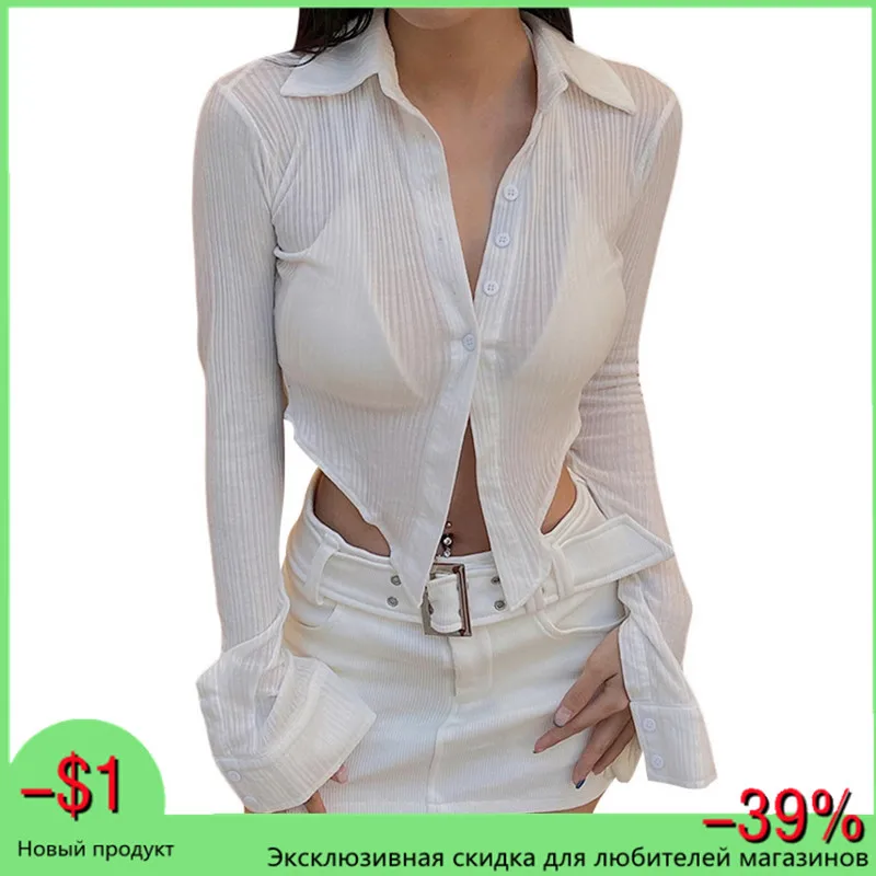 

Women Fashion Crop Tops T-shirts Sexy Solid Color See-Through Long Sleeve Casual Button-Down Irregular Hem Tops Spring Fall