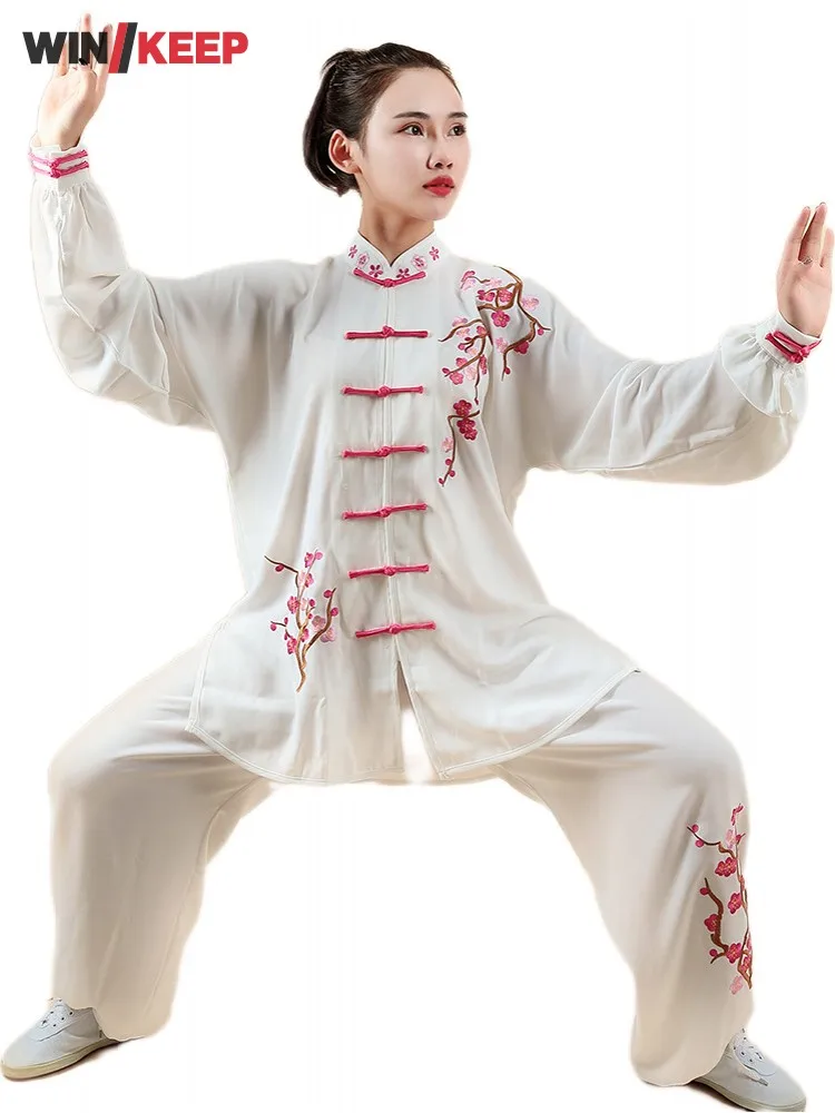 Women Floral Embroidery Wushu Set Unisex Stand Collar Single Breasted Tai Chi Training Suit Martical Arts Tracksuit Sportswear