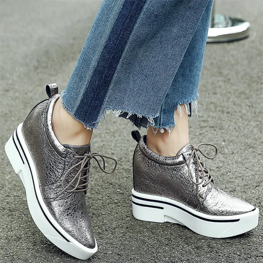 2023 Platform Shoes Women Lace Up Genuine Leather Wedges High Heel Party Pumps Female Round Toe Fashion Sneakers Casual Shoes