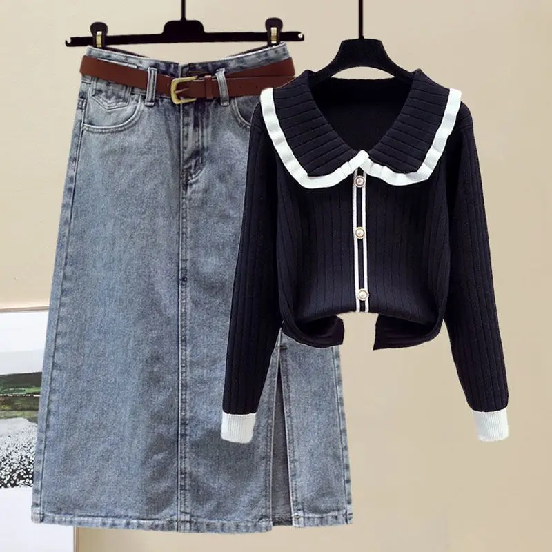 Женский комплект из двух предметов трикотажный свитер с высокой талией и