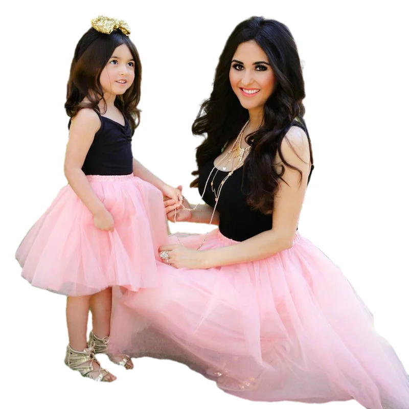 

Matching Mom And Daughter Family Clothes Dresses Sleeveless Pink Mesh Patckwork Tutu Dress For Princess Mommy And Me Outfits