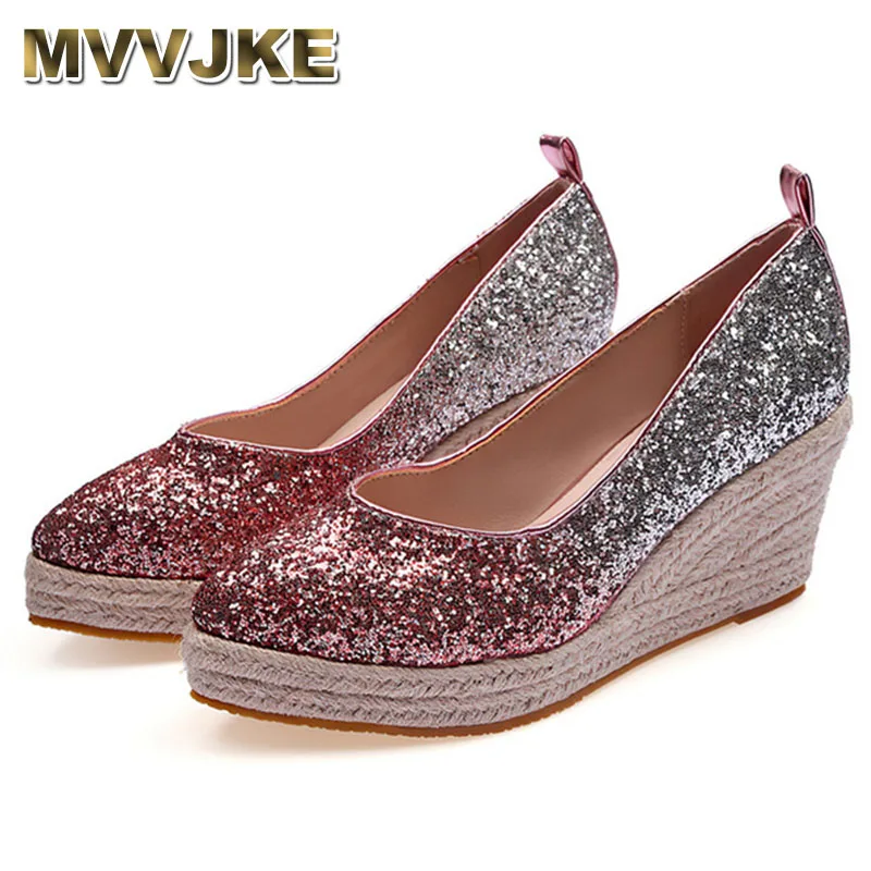 

Pumps Cheap Size 4 34 2021 Wedge Platform Women Slip On 3 Inch Pointed Toe Black Peach Glitter High Heels Shoes Pink Fashion