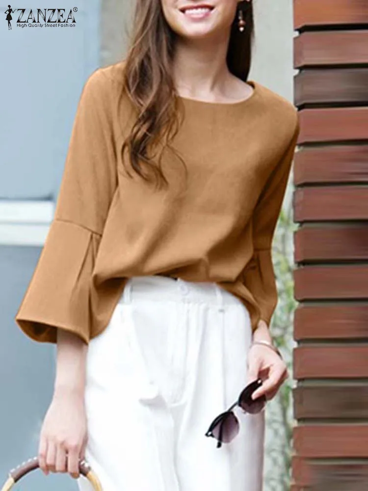 

ZANZEA Women Flare Sleeve O-Neck Blouse Elegant Ruffles Tunic Tops Summer Causal Holiday Top Loose Work OL Blusas Mujer Femme